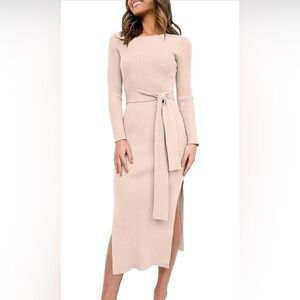 Anrabess Crewneck Tie-Waist Ribbed Slim Fit Long Sleeve Midi Dress in Blush Pink
